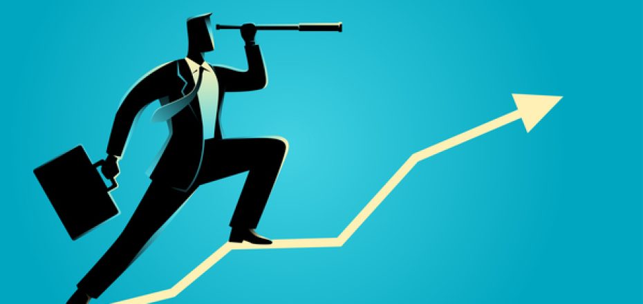 Silhouette of a businessman using telescope on graphic chart. Concept for forecast, prediction, success, planning in business