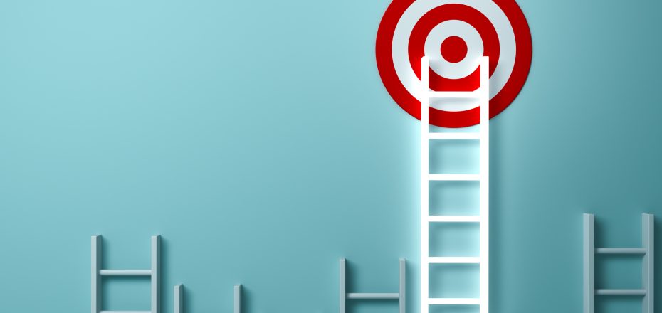 Stand out from the crowd and different creative idea concepts , Longest light ladder glowing and aiming high to goal target among other short ladders on green background with shadows . 3D rendering.