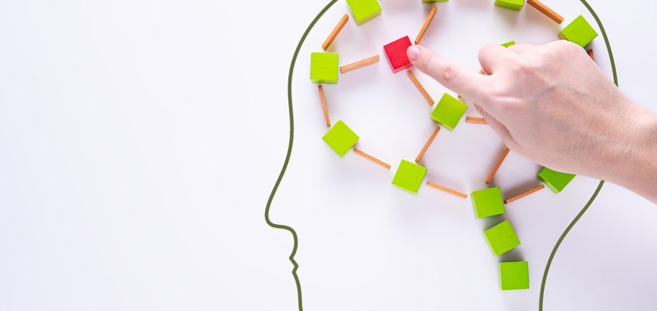 Brain damage concept. Brain disorder symbol. Head with colourful shapes of abstract brain. Human brain is made of multi-colored wooden blocks on white background.