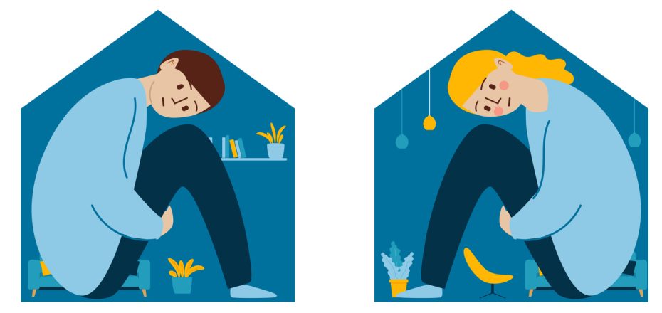 Sad girl and boy sitting locked at home, self-isolation, quarantine, concept. Relationship problems and adolescent psychology. A person feels cramped and claustrophobic while locked up.