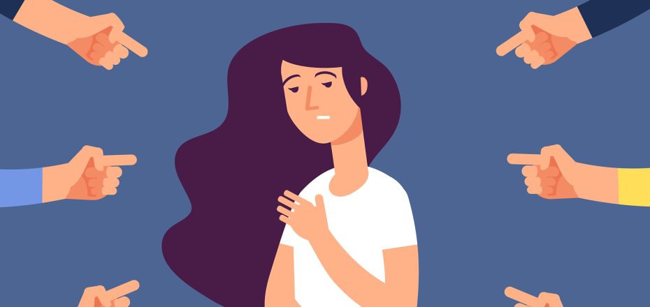 Victim women. Depressed girl in shame and hands with pointing finger. Guilty, ashamed female and blame in society vector concept. Woman frustrated, bullying employee illustration